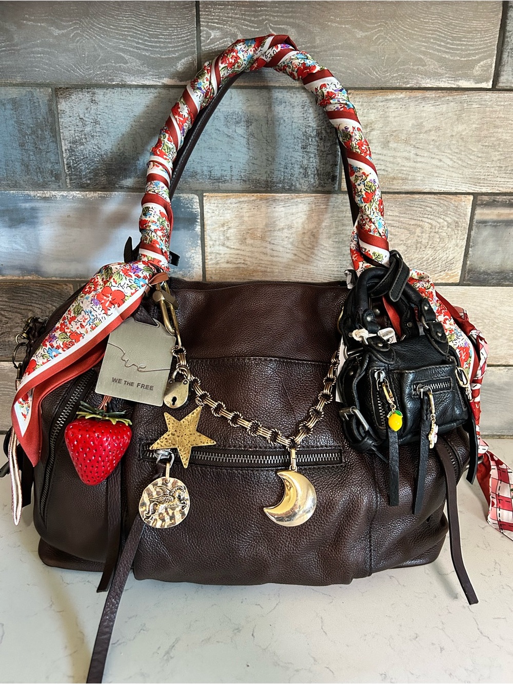 Like New We The Free Emerson Tote in Bitter Bark, Micro Emerson, Charms, Scarves